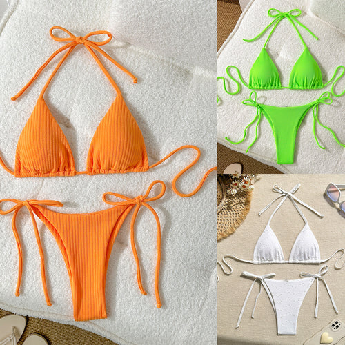 Damen Triangel-Bikini mit elastischen Bindebändern und Ripp-Optik Echo Archiv
