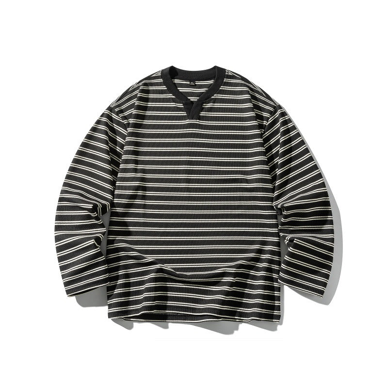 Unisex Gestreiftes Strukturiertes Longsleeve mit Notch-V-Ausschnitt und Rippenstruktur Echoarchiv