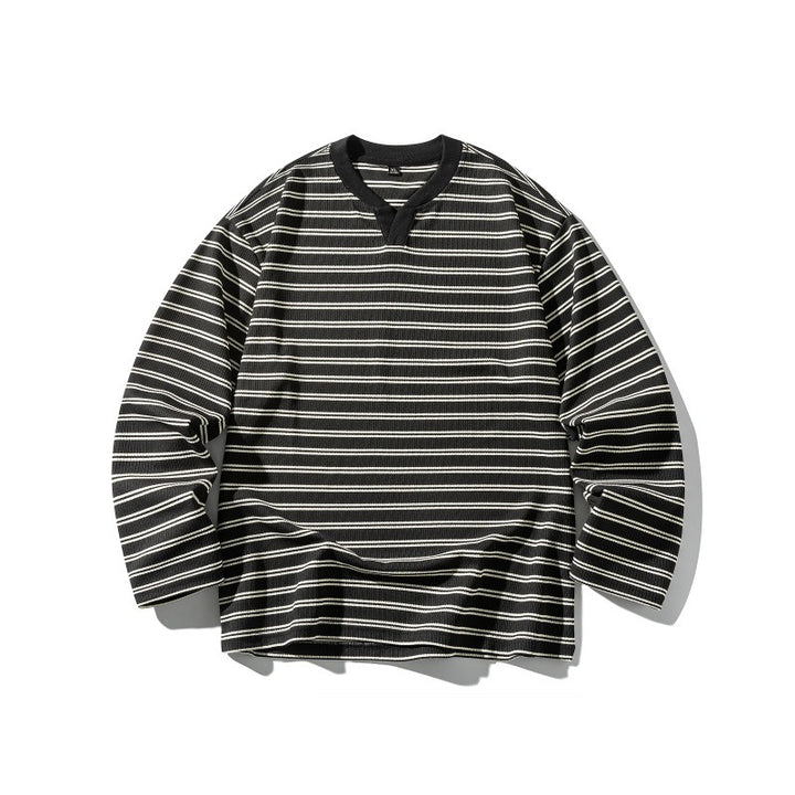 Unisex Gestreiftes Strukturiertes Longsleeve mit Notch-V-Ausschnitt und Rippenstruktur Echoarchiv