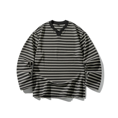 Unisex Gestreiftes Strukturiertes Longsleeve mit Notch-V-Ausschnitt und Rippenstruktur Echoarchiv