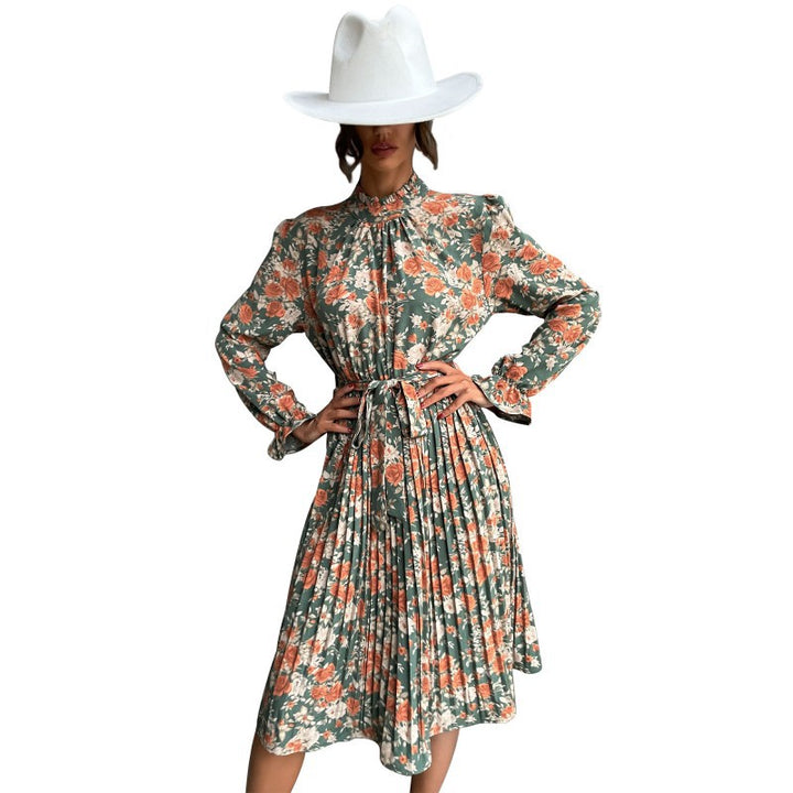 Damen Plissiertes Midikleid mit Rüschenkragen, Bindegürtel und floralem Allover-Print – Élara