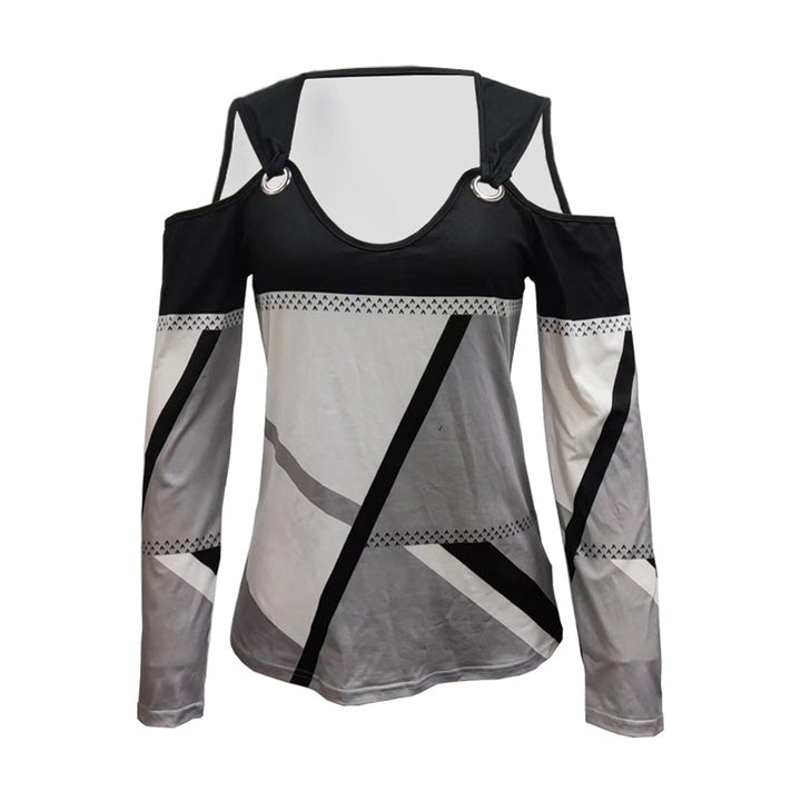 Damen Cold-Shoulder Langarmshirt mit grafischem Blockmuster und Metallring – Avérine