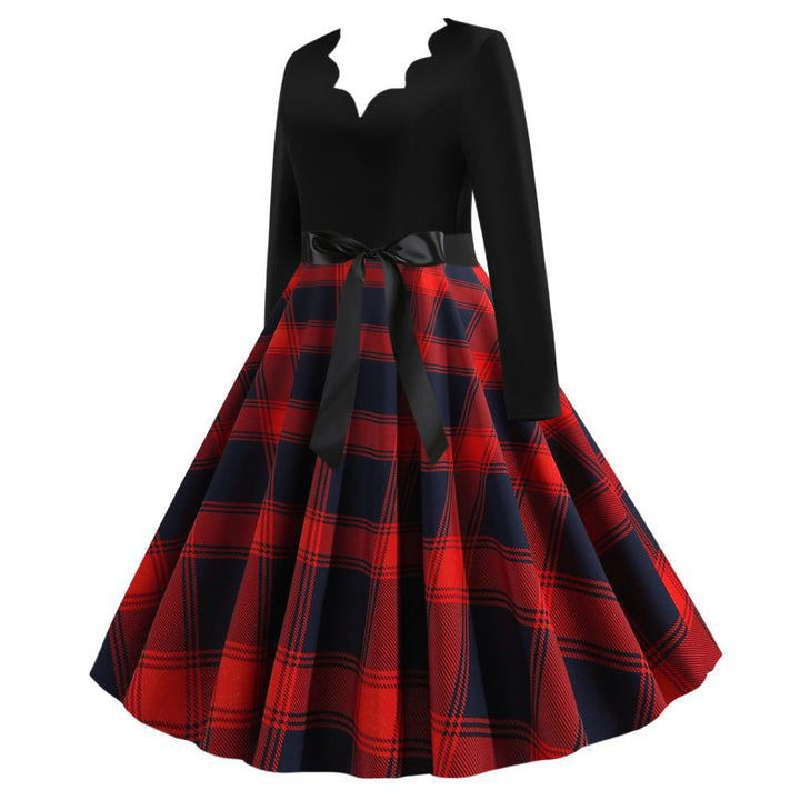 Damen Retro Swingkleid im Vintage-Stil mit geschwungener V-Kante, Satin-Taillenschleife und karierter Tellerrock – Élara