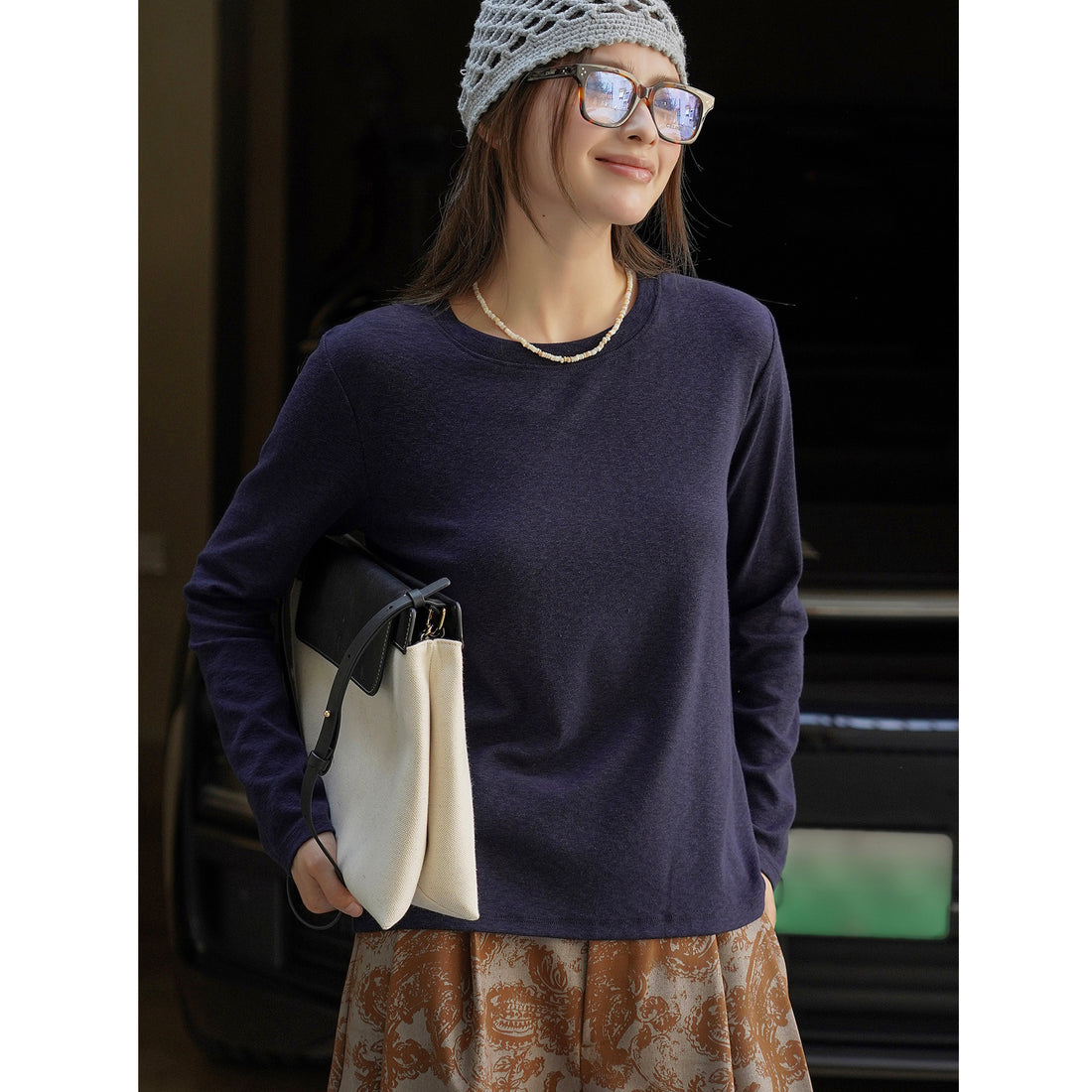 Damen Feines Longsleeve aus Bio-Baumwolljersey mit Rundhalsausschnitt und geradem Saum Echoarchiv