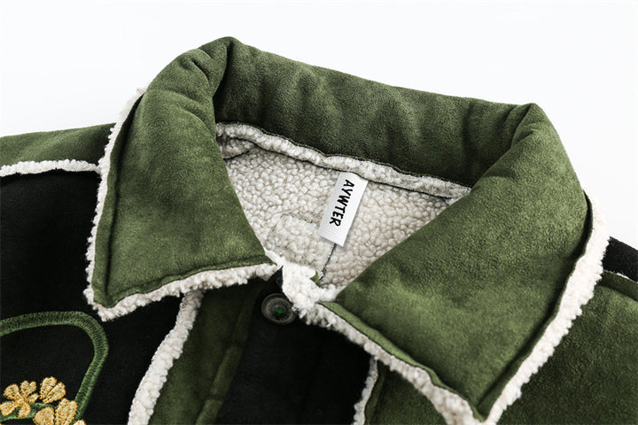 Unisex Patchwork-Lammfelloptik Jacke mit Blumenstickerei Echoarchiv