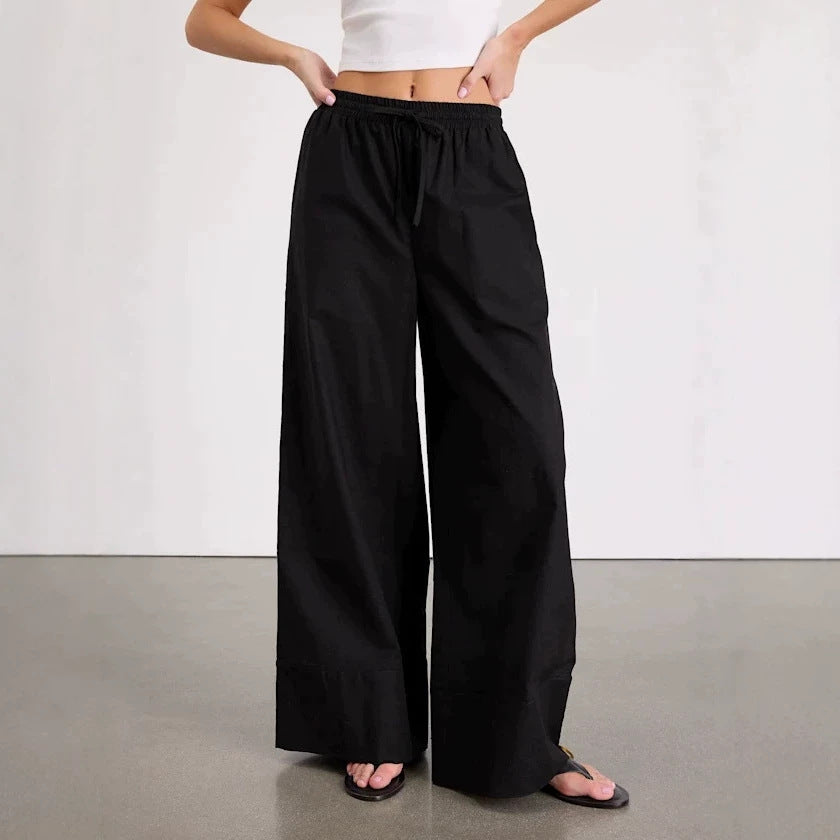 Damen Weite Leinenhose mit elastischem Bund und seitlichen Taschen Echoarchiv