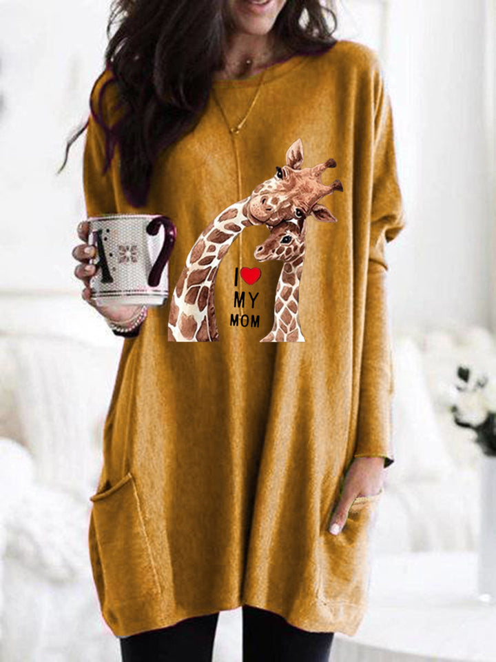 Frauen Übergroße Sweatkleid mit Giraffenmuster, Rundhalsausschnitt und Seitentaschen Echoarchiv