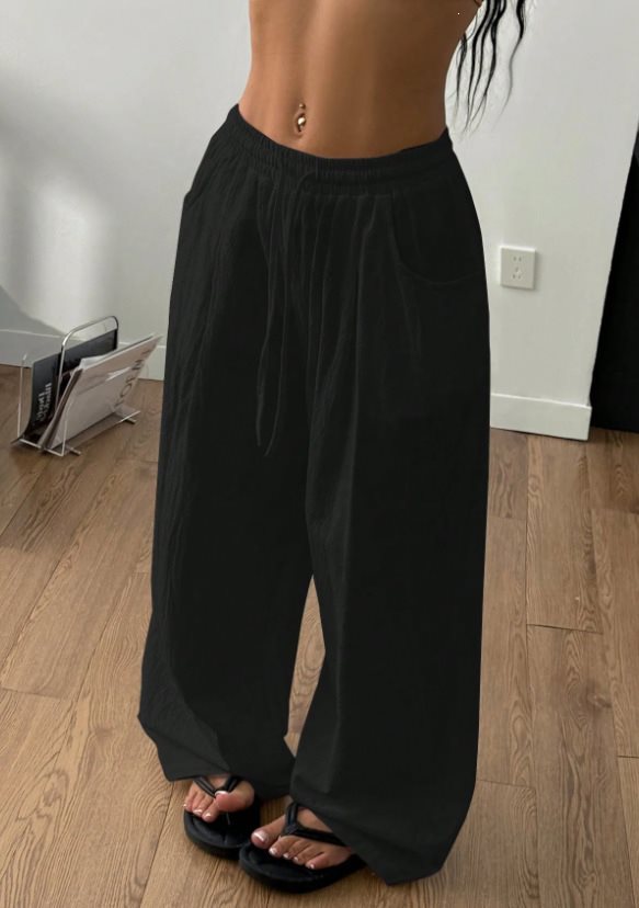 Damen Weite Leinenmix-Hose mit hohem Elastikbund, Kordelzug und Seitentaschen Echo Archiv