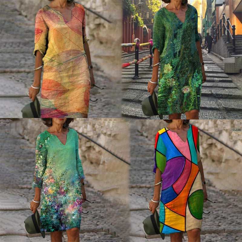 Damen nan lässiges Leinenkleid mit V-Ausschnitt und floralem Allovermuster, knielang mit dreiviertelärmeln Echo Archiv