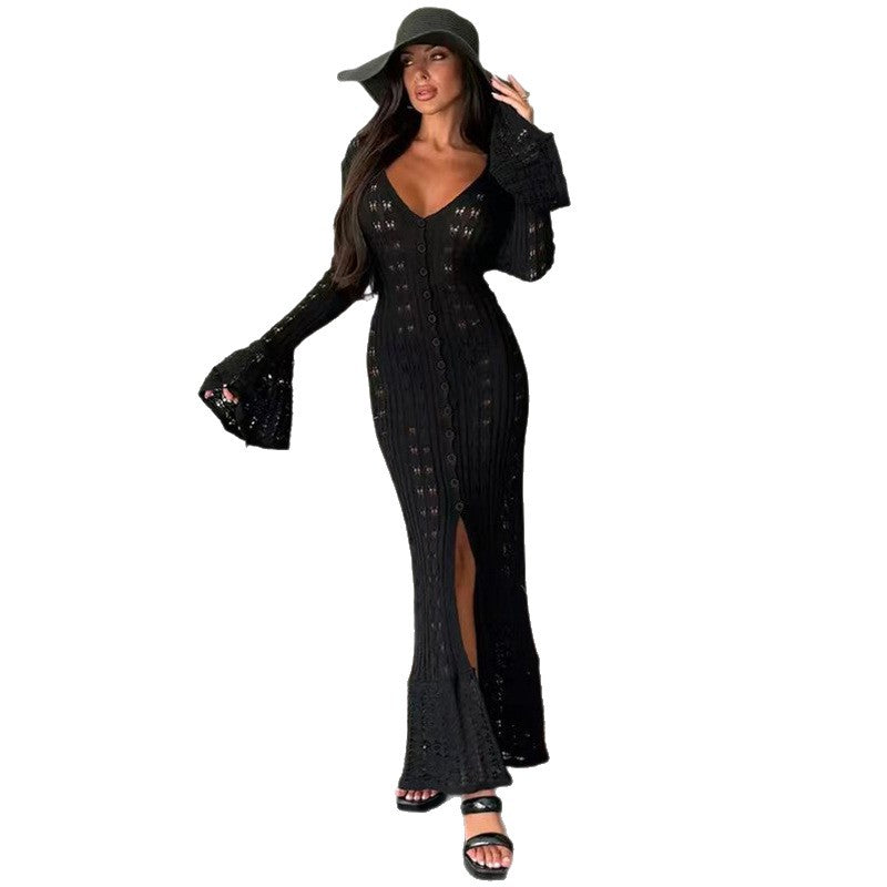 Damen Strickmaxikleid mit nostalgischem Lochmuster und elegantem V-Ausschnitt Echo Archiv