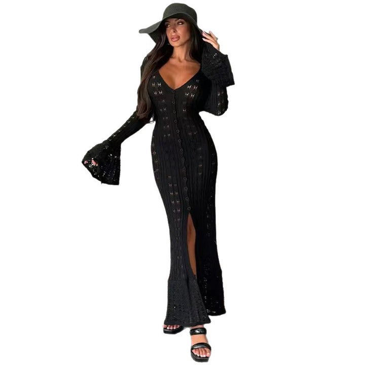 Damen Strickmaxikleid mit nostalgischem Lochmuster und elegantem V-Ausschnitt Echo Archiv