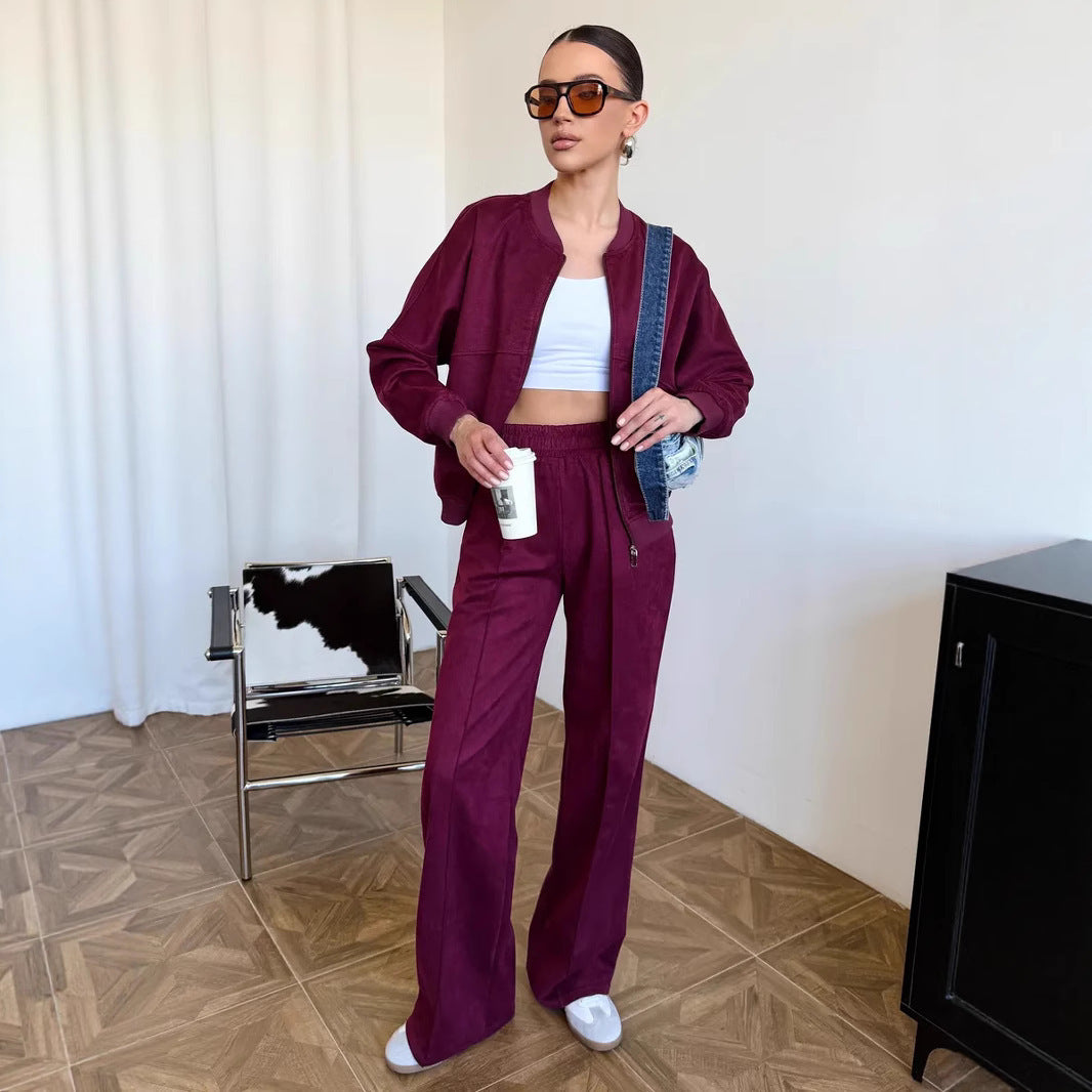Damen nan zweiteiliges Velours-Loungewear-Set mit kurzem Zip-Hoodie und weiter Highwaist-Hose Echo Archiv