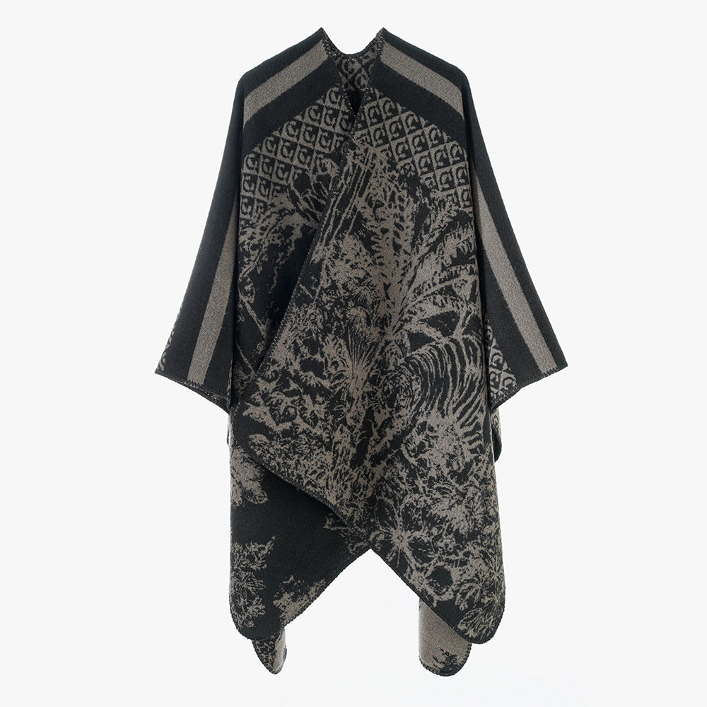 Damen Jacquard-Strickcape mit Stehkragen und grafischem Waldmotiv – Avérine