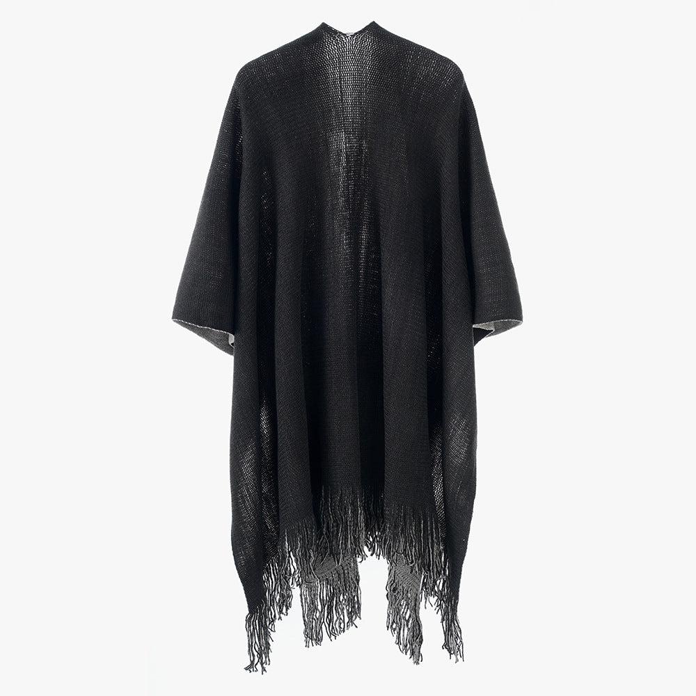 Damen Leichter Oversize-Stricküberwurf im Cape-Stil mit Fransensaum Echo Archiv
