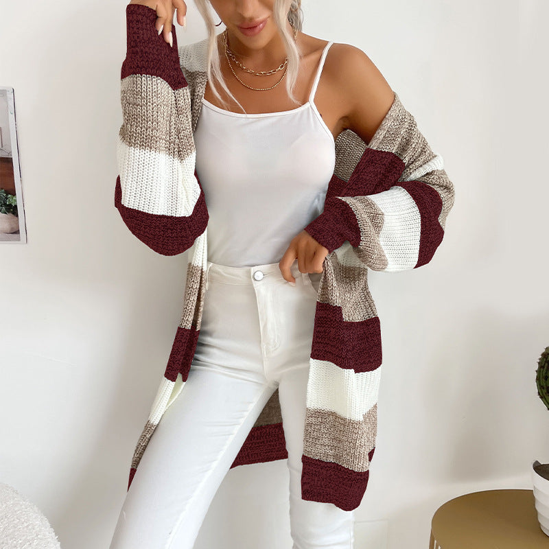 Damen Longline Strickcardigan mit breiten Blockstreifen, offener Front und überschnittener Schulter Echoarchiv