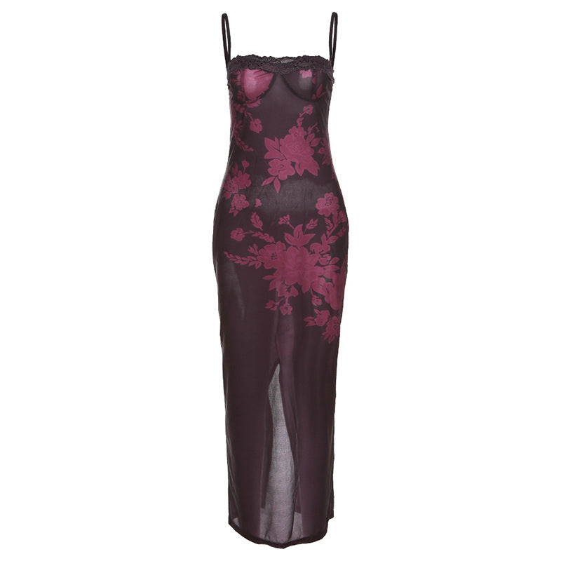 Damen Extravagantes Spitzen-Nachtkleid mit floralem Design und langem Schnitt Echo Archiv