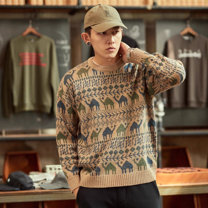 Herren Strickpullover mit Kamel-Jacquardmuster und geripptem Saum Echoarchiv