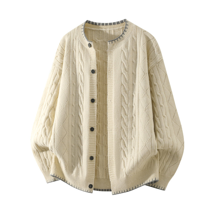 Damen Oversize Zopfmuster-Cardigan mit Rundhalsausschnitt, Ballonärmeln & Kontrastnaht Echoarchiv