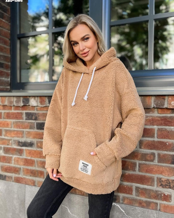 Damen Kuscheliger Teddy-Hoodie mit Kapuze, Kängurutasche und Oversize-Schnitt Echoarchiv