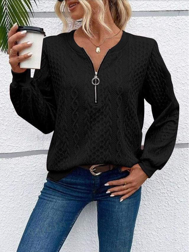 Damen grob strukturiertes Strickpullover mit Kabelmuster, halber Reißverschluss und Ballonärmel Echoarchiv