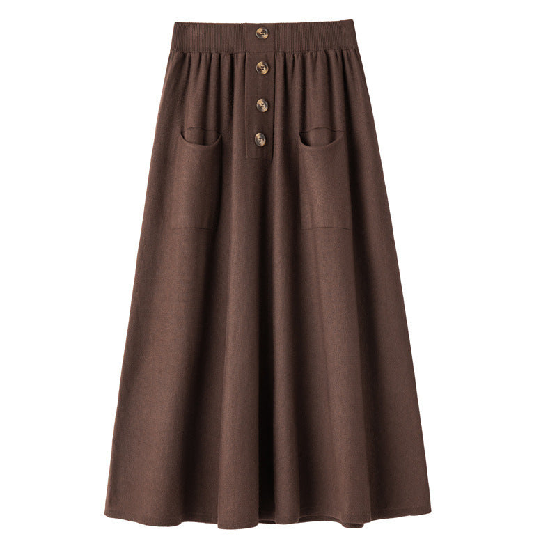 Damen Midirock aus Wollmix mit A‑Linie, elastischem Rippbund, Zierriegel‑Knopfleiste und aufgesetzten Taschen Echoarchiv