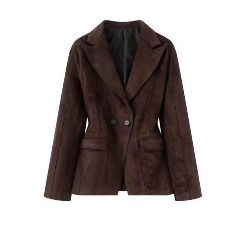 Damen Taillierter Veloursleder-Blazer mit Reverskragen und Pattentaschen Echoarchiv