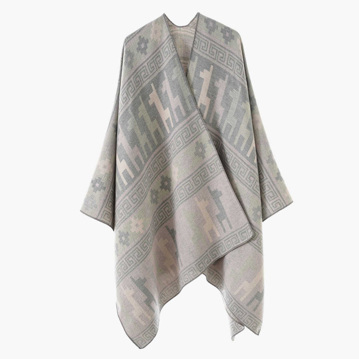 Damen Cape-Überwurf aus Jacquard-Strick mit Tier- und Ethno-Motiv Echo Archiv
