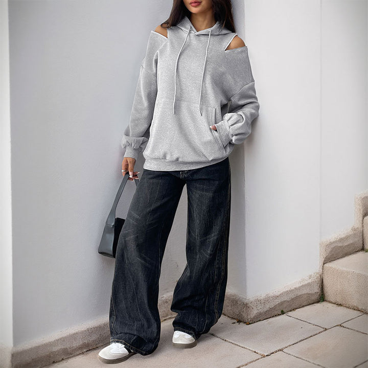 Damen Lässiger Kapuzenpullover mit Schulteröffnungen, Kängurutasche und gerippten Bündchen Echoarchiv