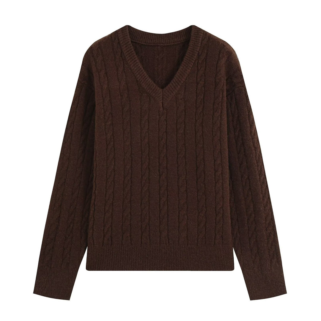 Damen Oversize Zopfmuster-Pullover mit V-Ausschnitt und breitem Rippbündchen Echoarchiv