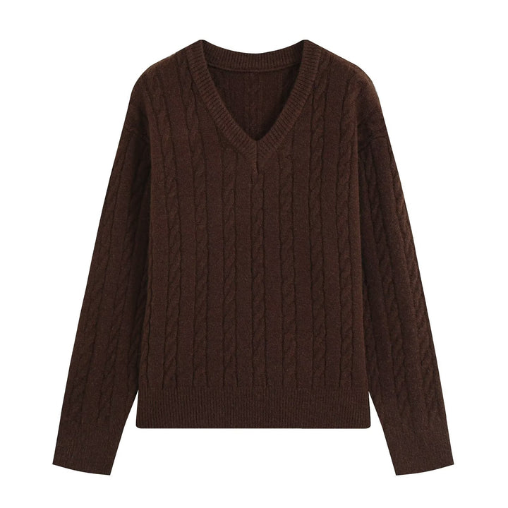 Damen Oversize Zopfmuster-Pullover mit V-Ausschnitt und breitem Rippbündchen Echoarchiv