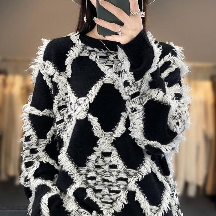 Damen Oversize-Strickpullover mit Fransen‑Diamantmuster und weicher Mohair‑Optik Echoarchiv