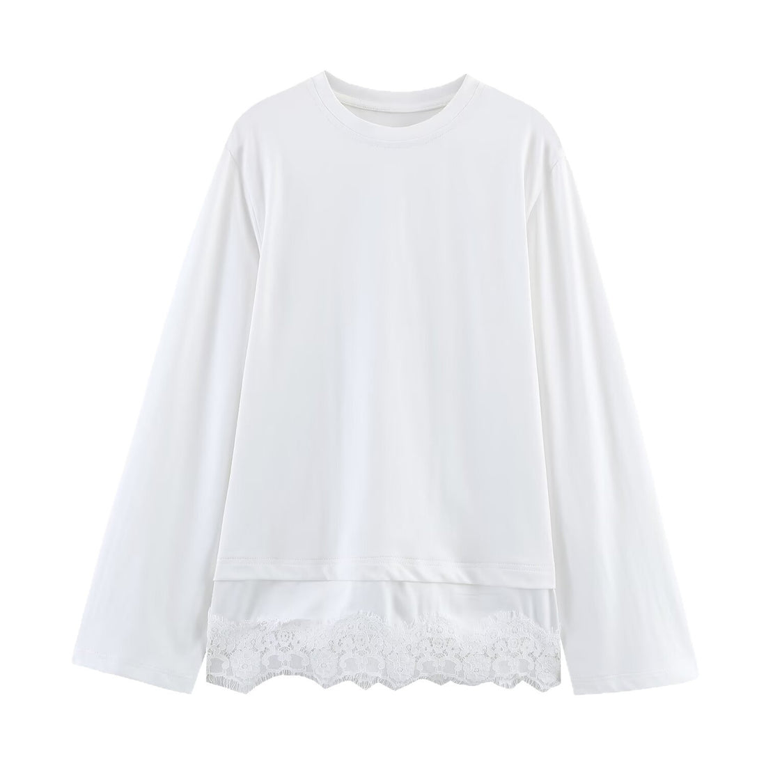Damen Langes Relaxed‑Shirt mit Rundhals und Spitzenbesatz am Saum Echoarchiv