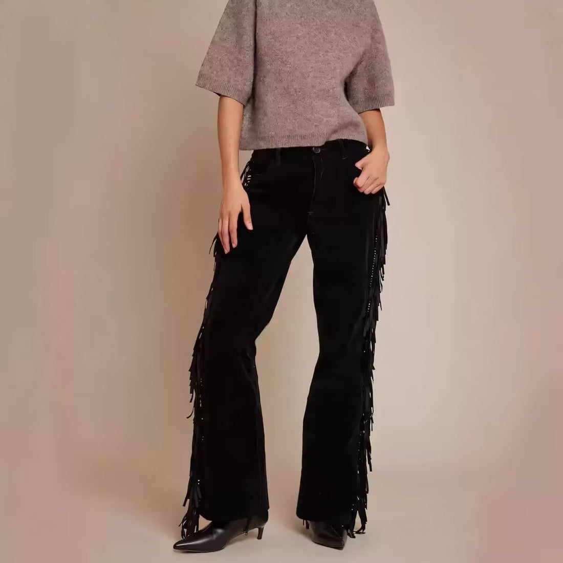 Damen Weite Culotte-Hose mit Fransenbesatz und Veloursoptik Echoarchiv