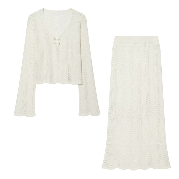 Damen Gestricktes Zweiteiler-Set mit V-Ausschnitt Croppedpullover und Midirock Echo Archiv