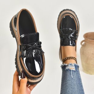 Damen Modische Lack-Loafer mit übergroßer Schleife und grober Profilsohle – Lioré