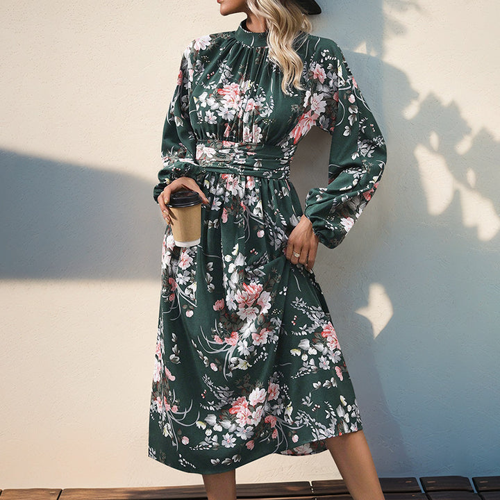 Damen Midikleid mit floralem Alloverprint, Stehkragen und Drapiertem Taillengürtel Echoarchiv