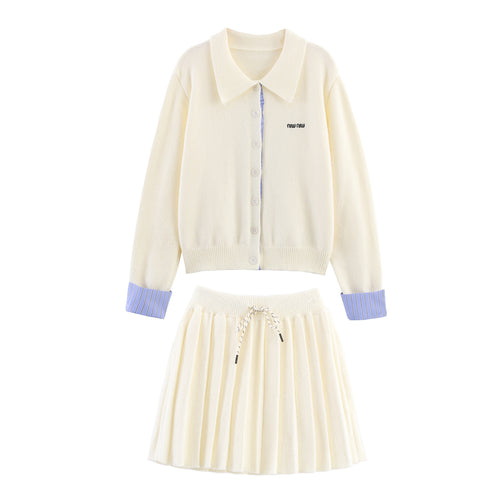 Damen Zweiteiliges Feinstrick-Set mit Hemdkragen-Cardigan und plissiertem Rock Echoarchiv
