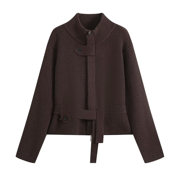 Damen Kurzgestrickte Taillierte Strickjacke mit Stehkragen und Taillengurt Echo Archiv
