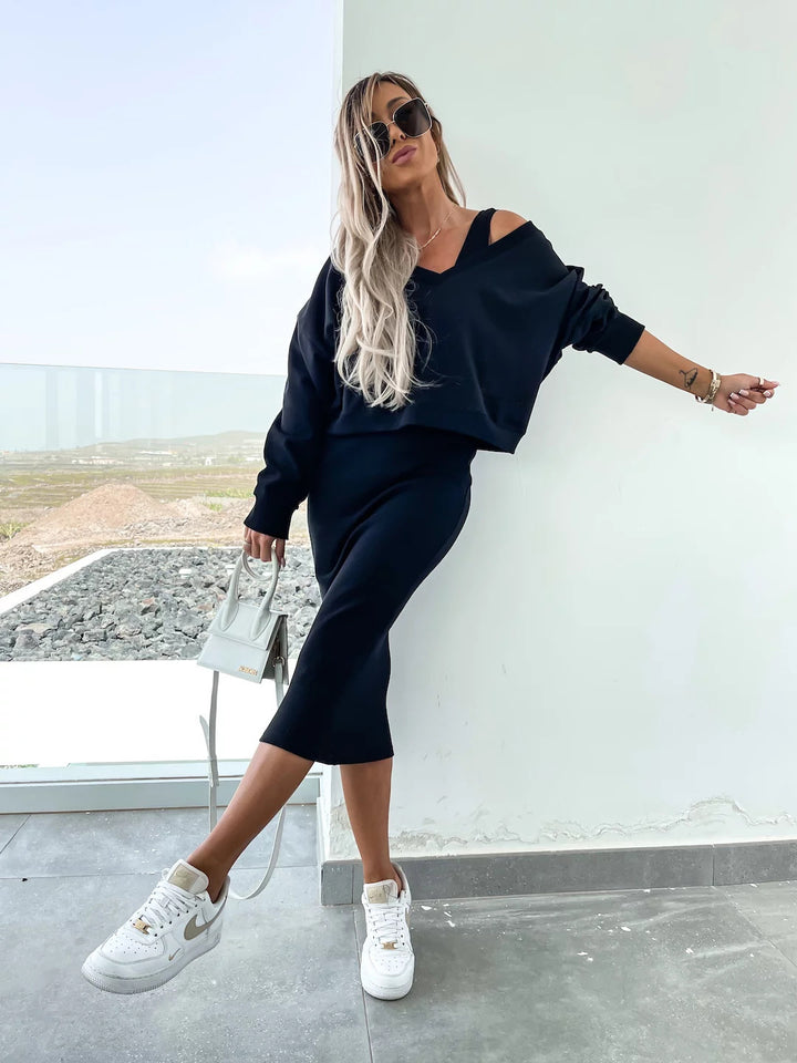 Damen nan zweiteiliges Midirock-Set mit off-shoulder Oversize-Sweatshirt und figurbetontem Bleistiftrock Echo Archiv