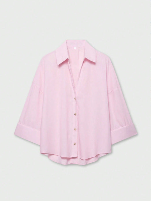 Damen Leichte Oversize Leinenoptik Bluse mit Dreiviertelärmeln und durchgehender Knopfleiste Echoarchiv