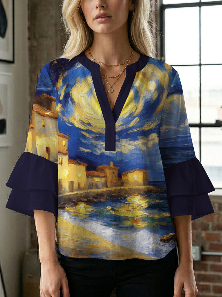 Damen lässige Bluse mit Volantärmeln und botanischem Druck Echo Archiv