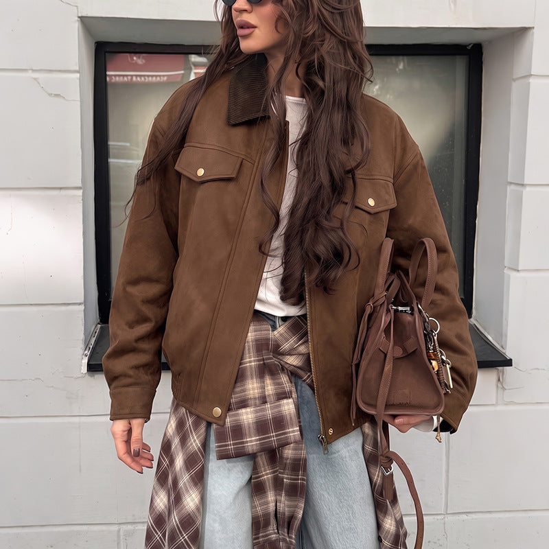 Damen Modische Velours-Lederjacke mit Cordkragen Echo Archiv