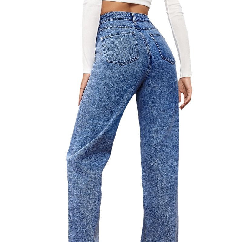 Damen nan hochgeschnittene weite Denimjeans mit geradem Bein und elastischem Bund Echo Archiv