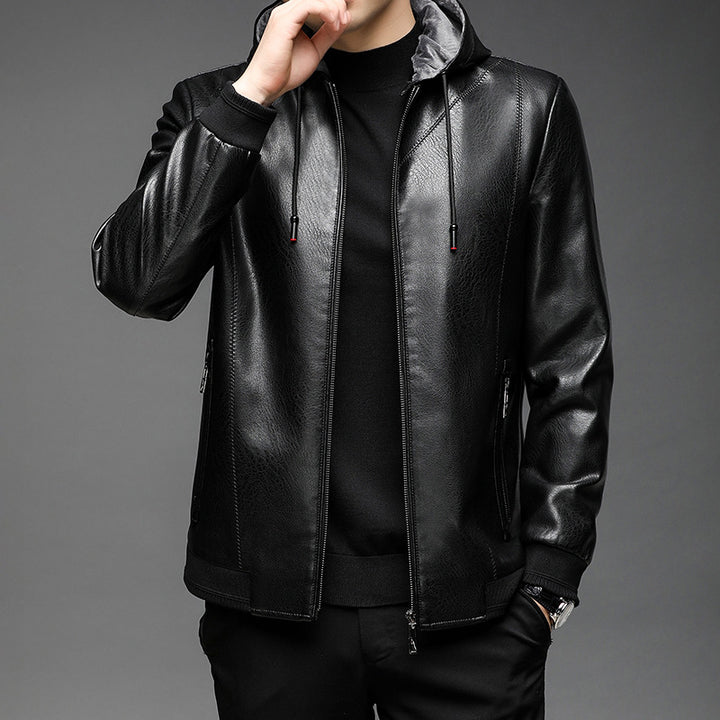 Herren Lederimitat-Hoodiejacke mit Kapuze, Reißverschluss und schmaler Silhouette Echo Archiv