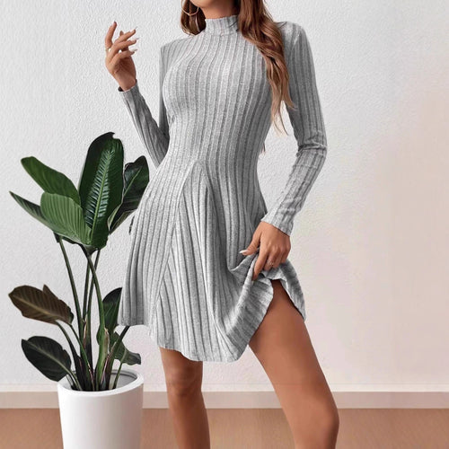 Damen Geripptes Strickkleid mit Stehkragen, taillierter A‑Linie und langen Ärmeln – Élara