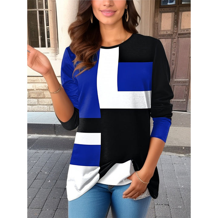 Damen nan geometrisches Colorblock Longsleeve-Tunika-Oberteil mit Rundhalsausschnitt und asymmetrischem Saum Echo Archiv