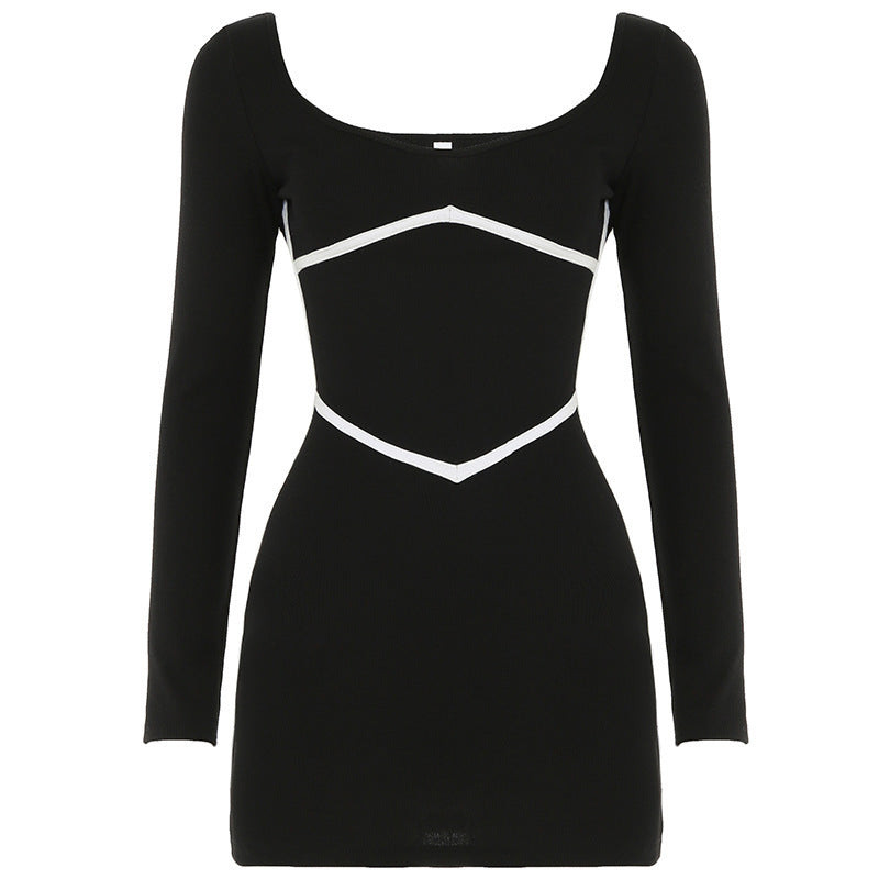 Damen Geripptes Langarm-Minikleid mit Kontrastkorsett‑Nähten und U-Boot-Ausschnitt – Élara