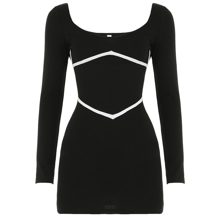 Damen Geripptes Langarm-Minikleid mit Kontrastkorsett‑Nähten und U-Boot-Ausschnitt – Élara