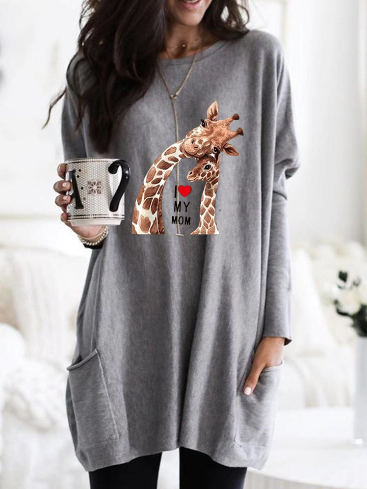 Frauen Übergroße Sweatkleid mit Giraffenmuster, Rundhalsausschnitt und Seitentaschen Echoarchiv