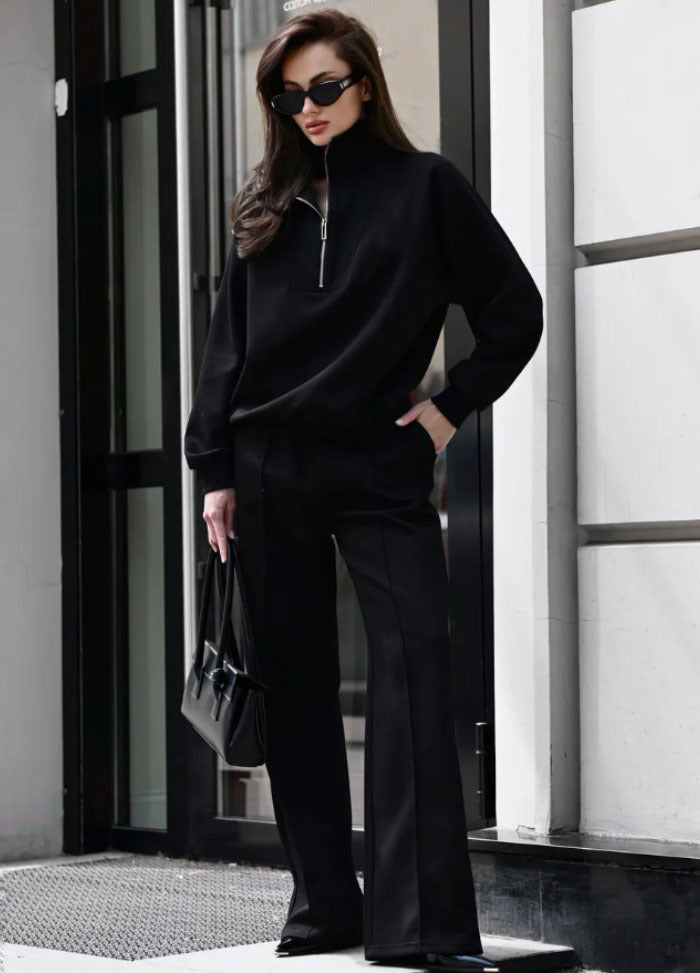 Damen Oversize-Halbreißverschluss-Sweatshirt mit weit geschnittener hochgeschnittener Palazzo-Hose – Élanora